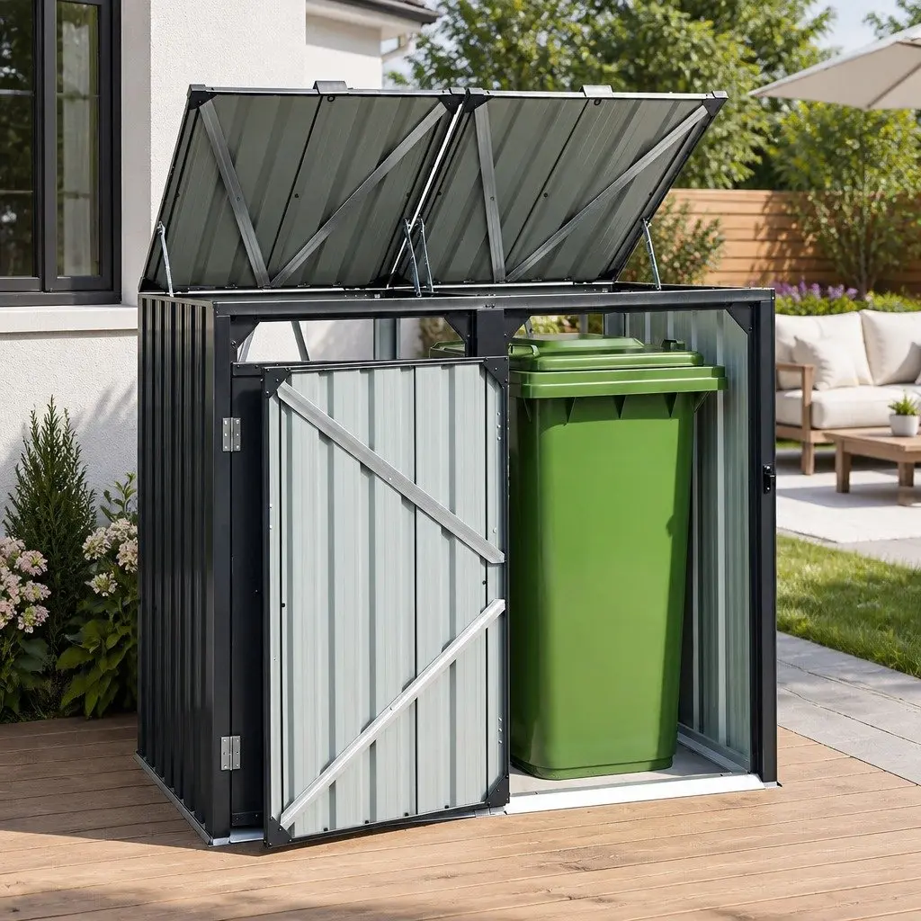 Double Wheelie Bin Storage Shed Galvanized Steel Grey 148cm x 80cm x 122cm