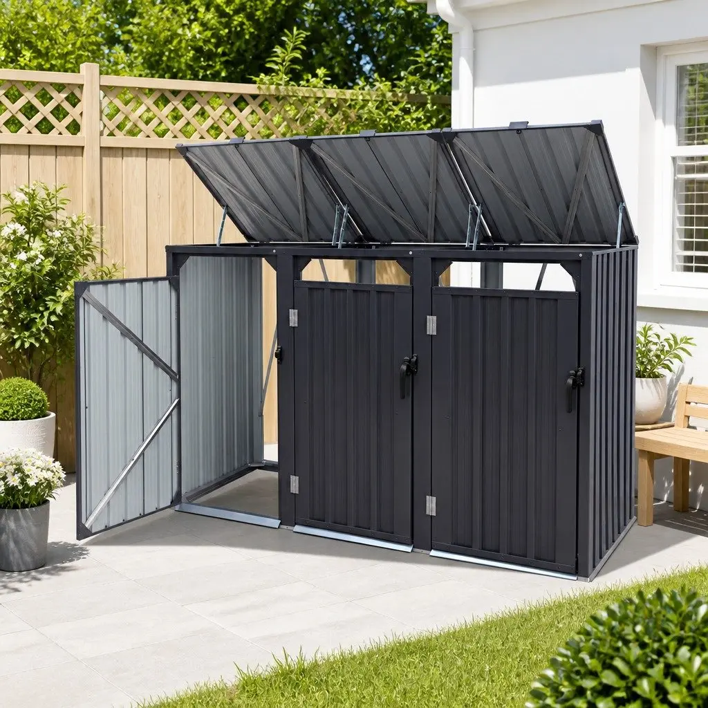 Triple Bin Shed Galvanized Steel 222cm x 80cm x 122cm Grey
