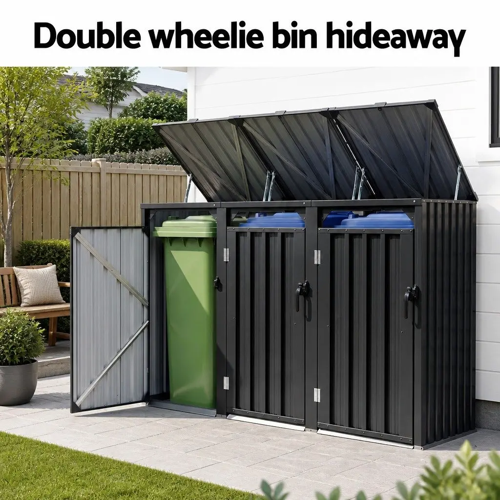 Triple Bin Shed Galvanized Steel 222cm x 80cm x 122cm Grey
