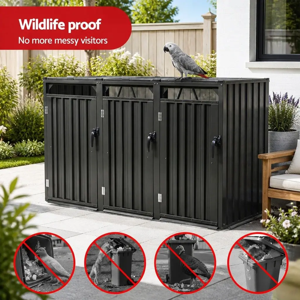 Triple Bin Shed Galvanized Steel 222cm x 80cm x 122cm Grey