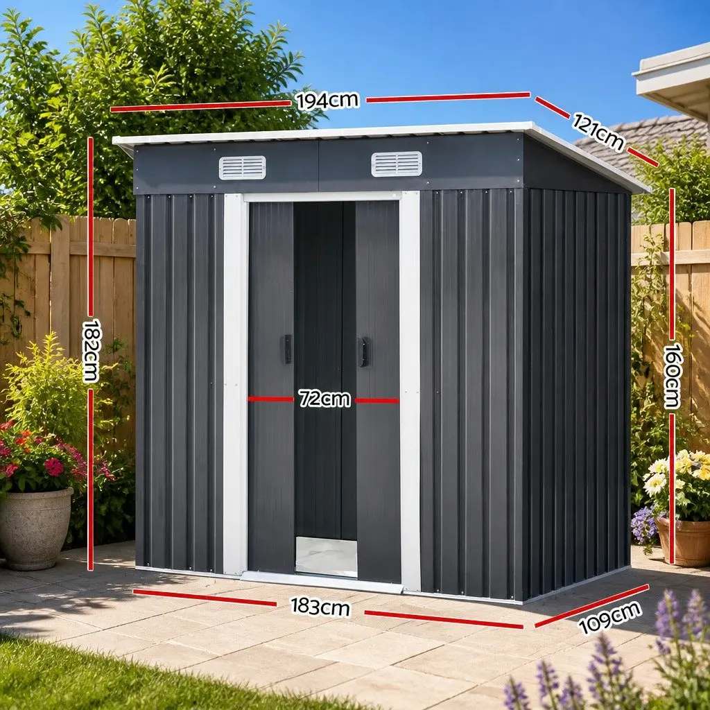 Garden Shed Galvanized Steel 1.94x1.21M Grey Outdoor Storage Workshop Tool Shelter Sliding Door