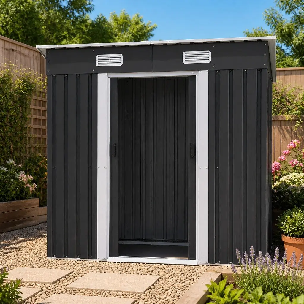 Garden Shed Galvanized Steel 1.94x1.21M Grey Outdoor Storage Workshop Tool Shelter Sliding Door