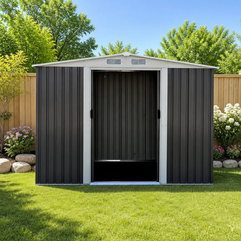 Black Metal Garden Shed with Sliding Doors 2.58x2.07M
