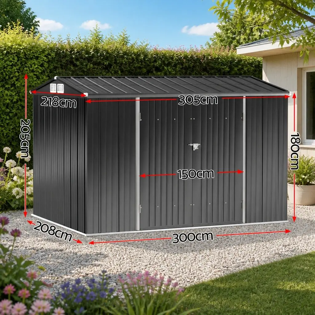 Garden Shed Galvanized Steel 3x2.18M Grey Outdoor Storage Workshop Tool House Lockable Doors