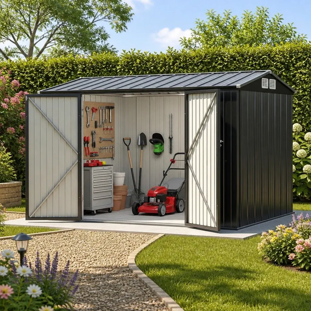 Garden Shed Galvanized Steel 3x2.18M Grey Outdoor Storage Workshop Tool House Lockable Doors