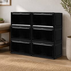 Stackable Shoe Storage Box Clear Front Drop Door Organiser 6PC Black