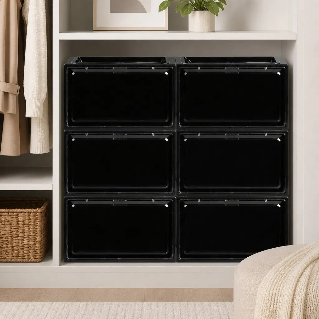 Clear Drop Door Stackable Shoe Storage Box 6PC Black