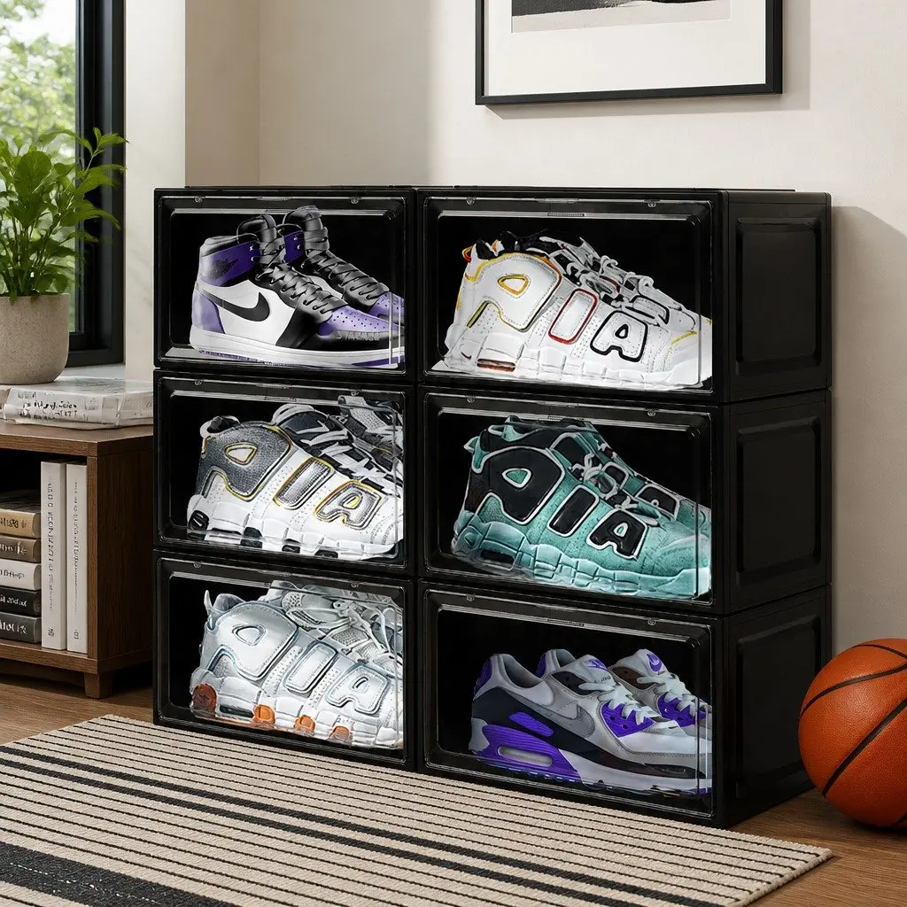 Clear Drop Door Stackable Shoe Storage Box 6PC Black