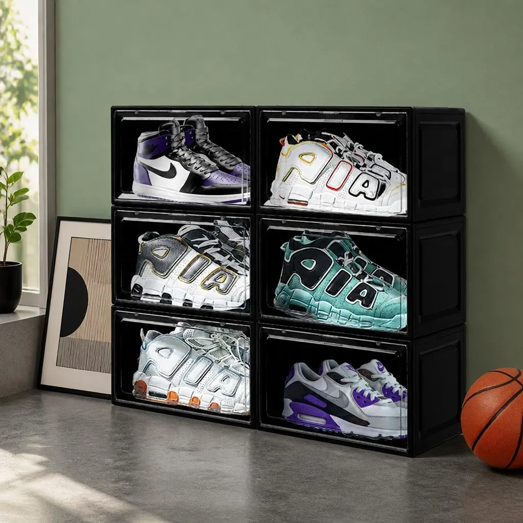 Clear Drop Door Stackable Shoe Storage Box 6PC Black