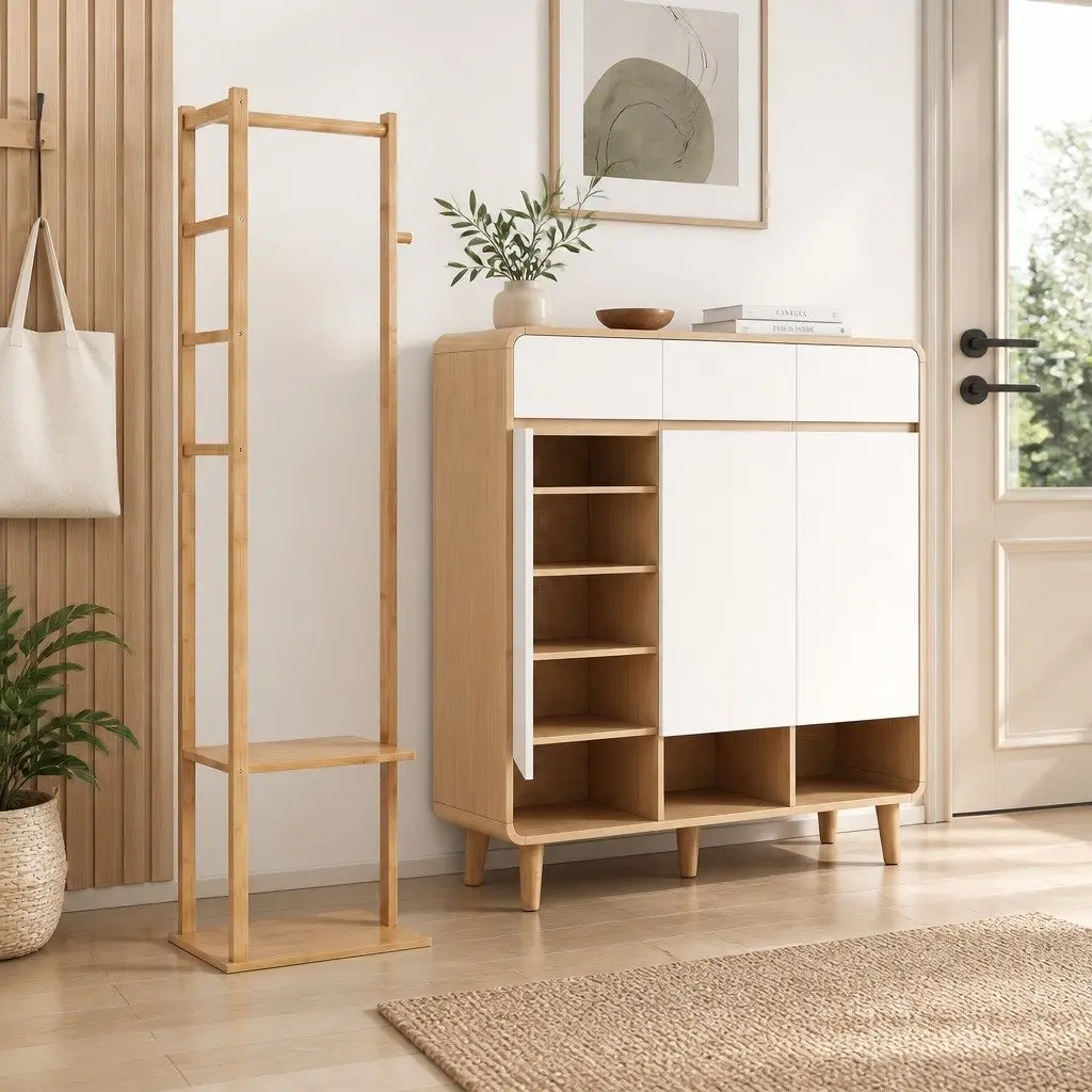 Shoe Storage Cabinet Wooden Bamboo Clothes Rack Set 2 Piece White Pine