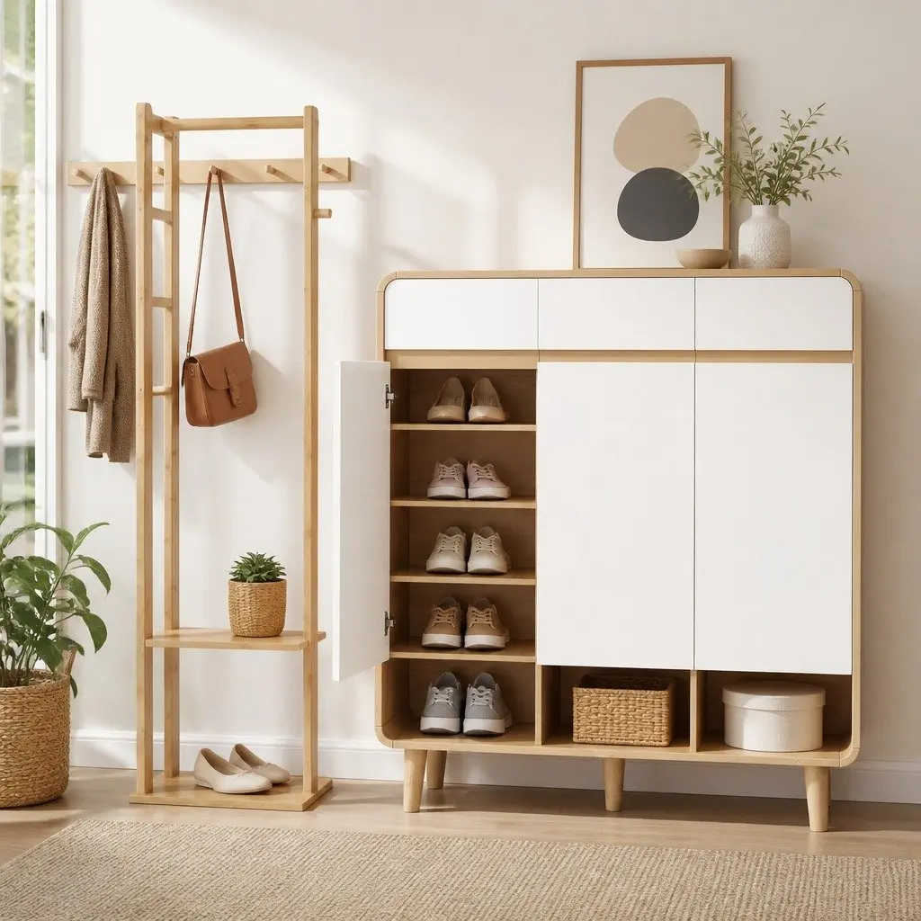 Shoe Storage Cabinet Wooden Bamboo Clothes Rack Set 2 Piece White Pine