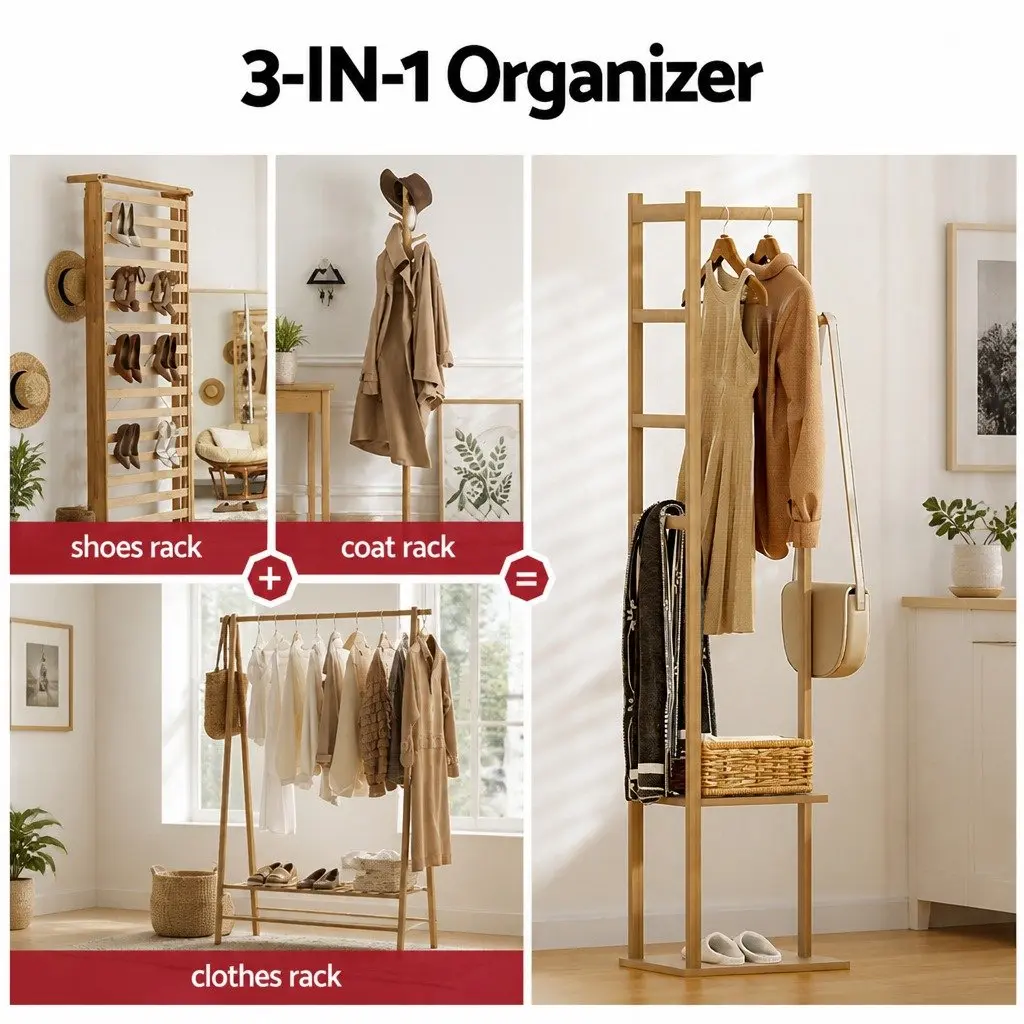 Shoe Storage Cabinet Wooden Bamboo Clothes Rack Set 2 Piece White Pine