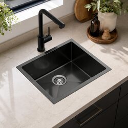 Stainless Steel Kitchen Sink 44x44CM Single Bowl Black Pull Out Mixer Tap Basin
