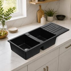 Durable Double Bowl Kitchen Sink 116x50cm Black Granite