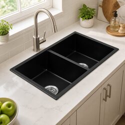 Durable Double Bowl Kitchen Sink 77x45cm Black Granite Composite