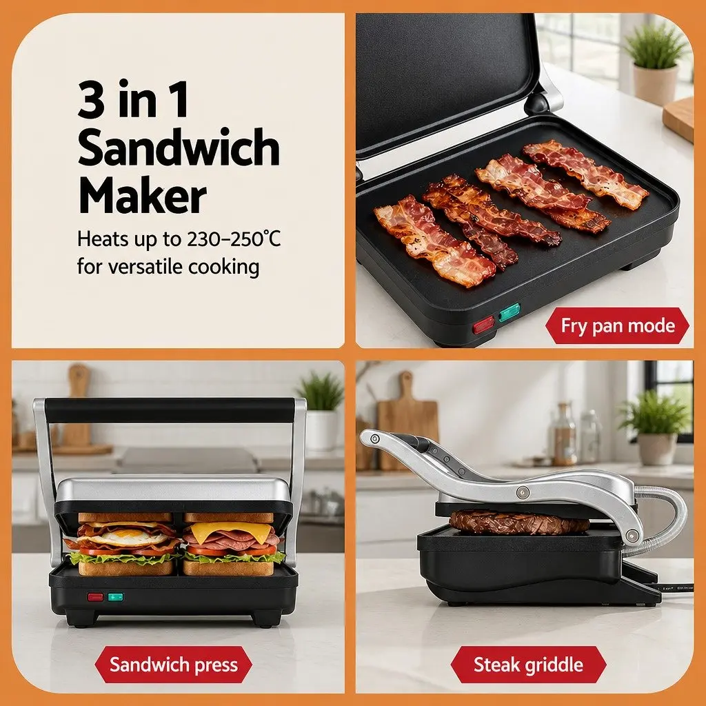 3-in-1 Sandwich Maker and Grill Appliance