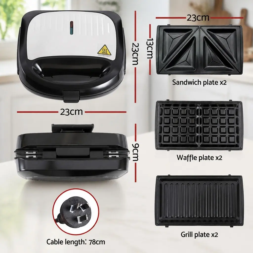 3-in-1 Sandwich Maker Stainless Steel 23cm Silver Black