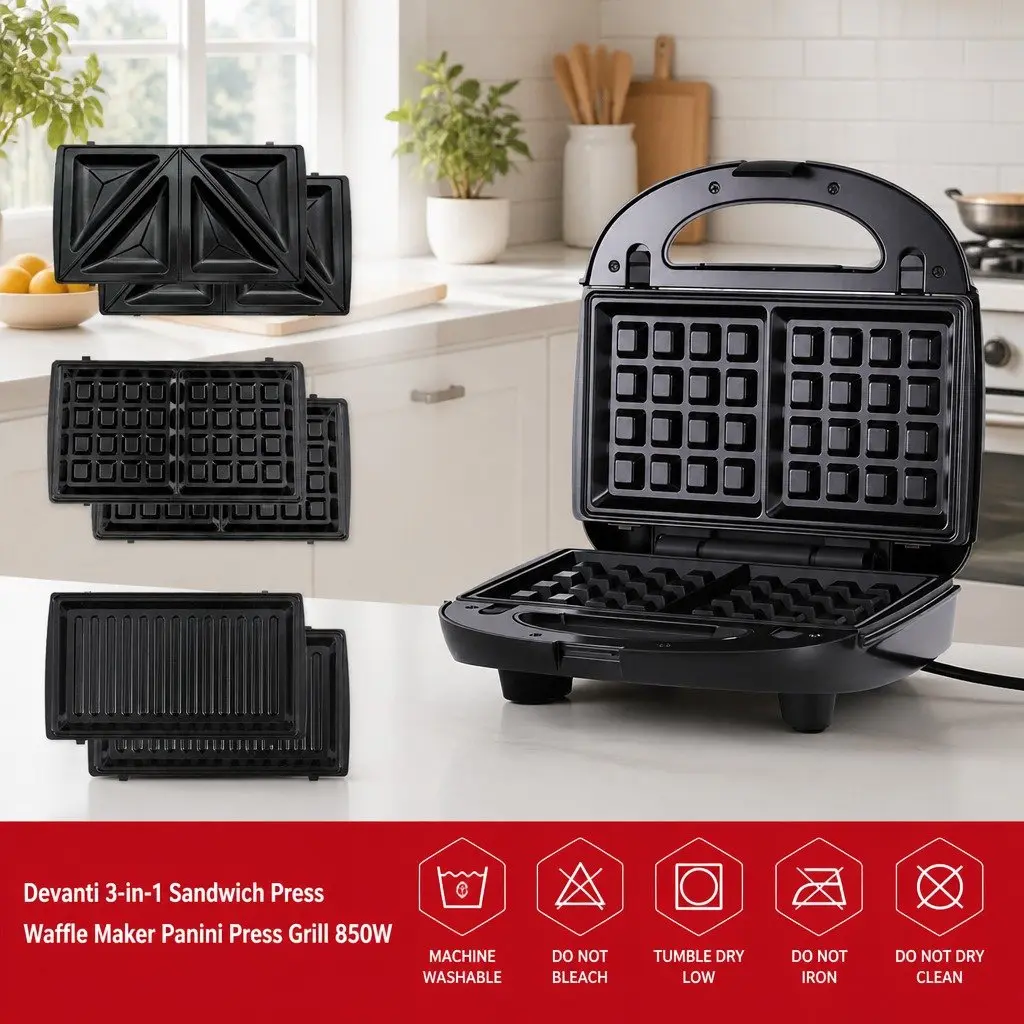 3-in-1 Sandwich Maker Stainless Steel 23cm Silver Black