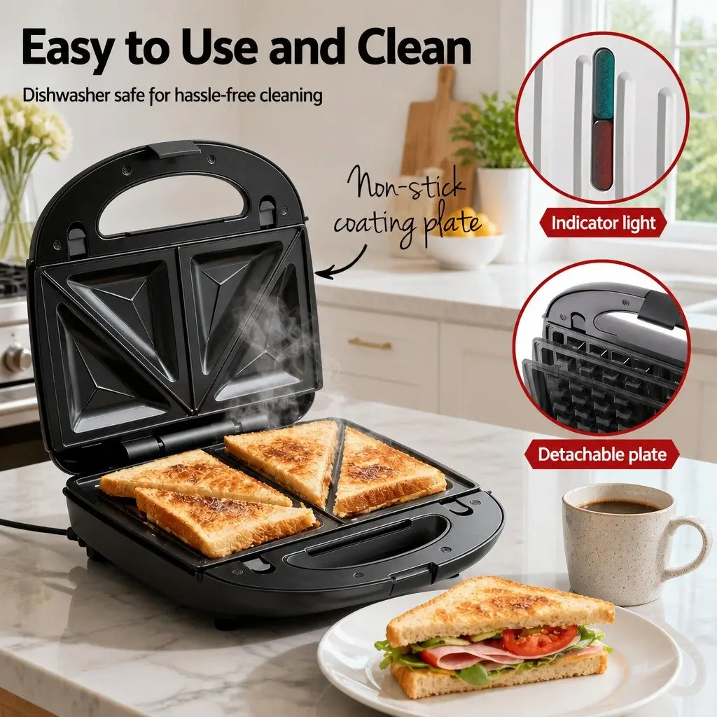 3-in-1 Sandwich Maker Stainless Steel 23cm Silver Black