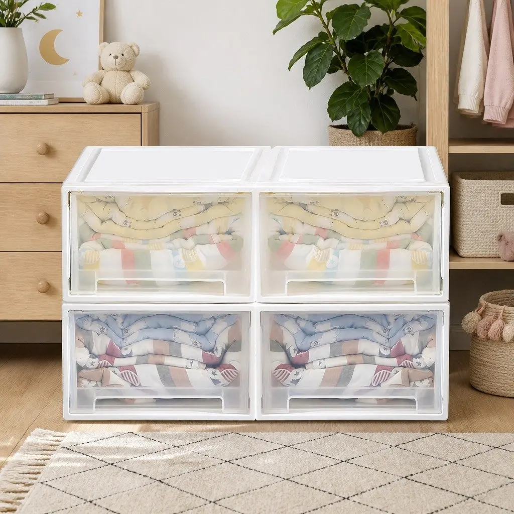 Storage Drawers Stackable Containers Large Capacity Organiser 4 Pack White