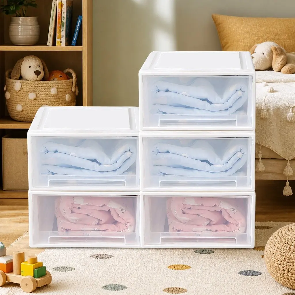 Storage Box PP Plastic Large Stackable Containers 5 Pack Transparent Kids Bedroom Playroom Organiser