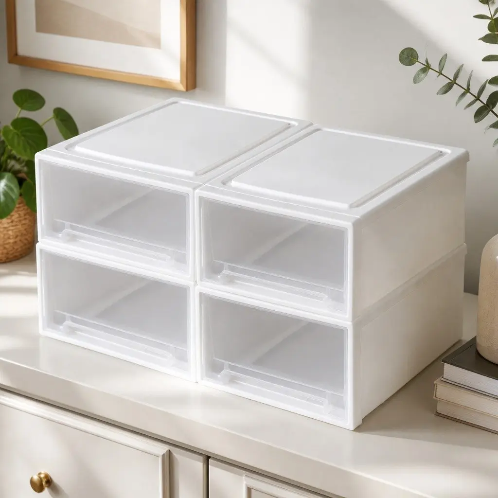 Small Plastic Storage Drawers Stackable Containers 4PK Home Organiser Bins