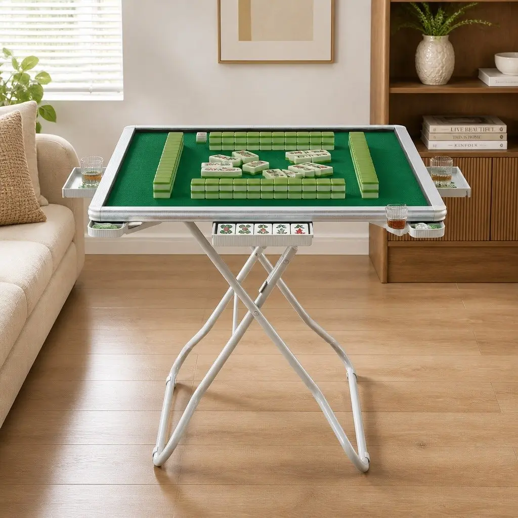 Folding Mahjong Table Fabric Surface Green and White 88 x 88 x 73 cm