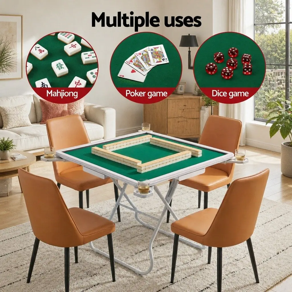 Folding Mahjong Table Fabric Surface Green and White 88 x 88 x 73 cm