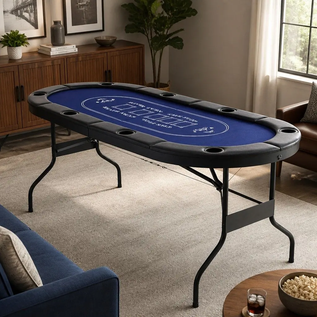 Poker Table Folding Felt 183cm Blue Black 8 Player with Cup Holders