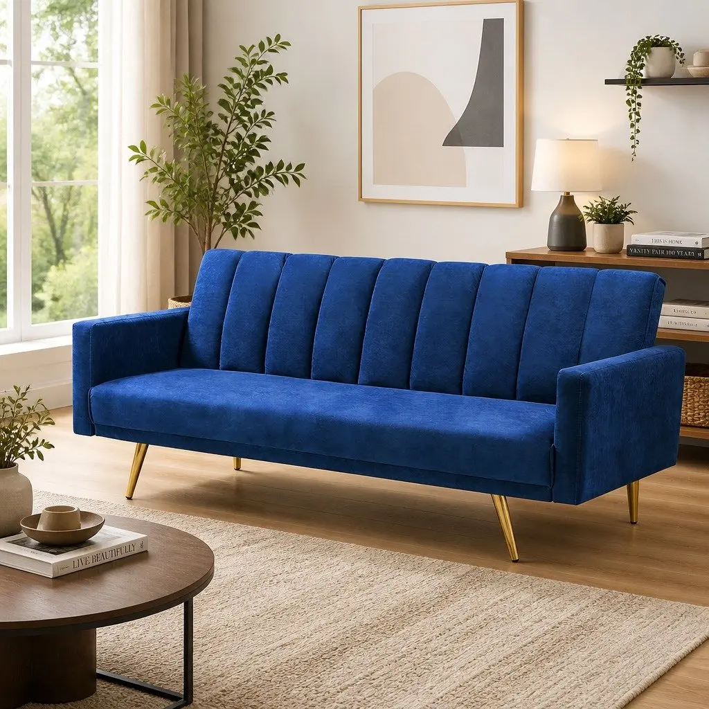 3 Seater Sofa Bed Velvet Blue Lounge Recliner Convertible Fold Out Sleeper