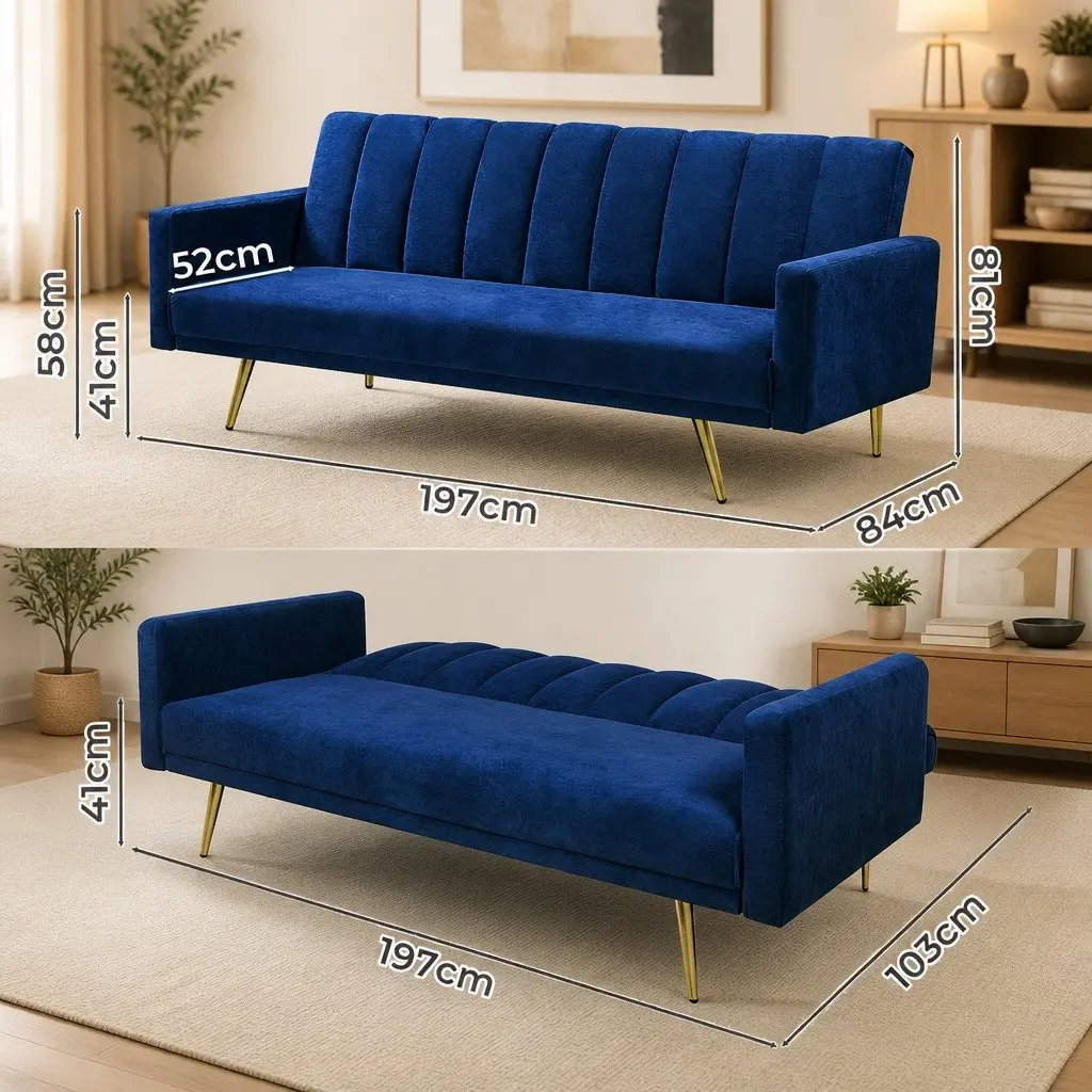 3 Seater Sofa Bed Velvet Blue Lounge Recliner Convertible Fold Out Sleeper
