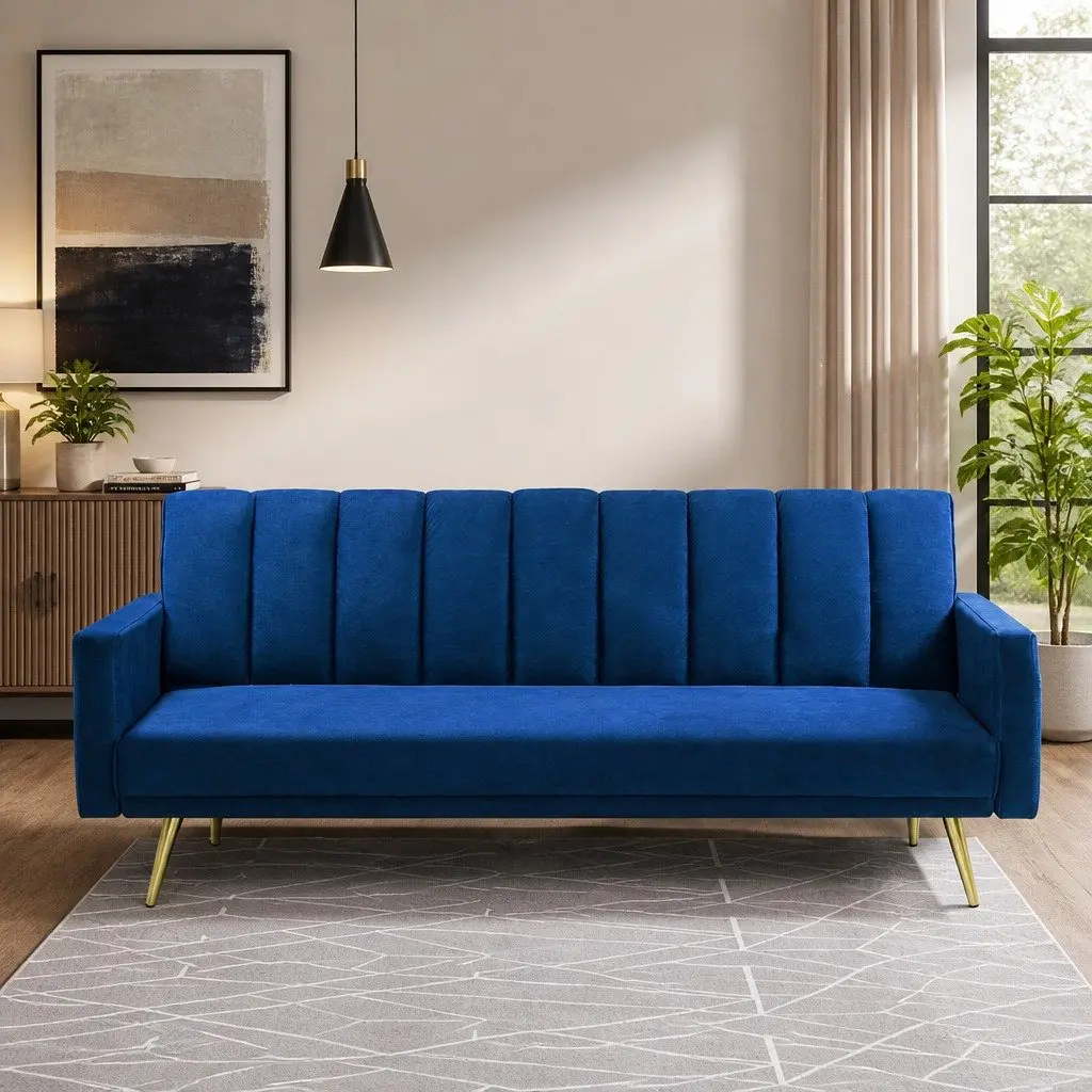 3 Seater Sofa Bed Velvet Blue Lounge Recliner Convertible Fold Out Sleeper