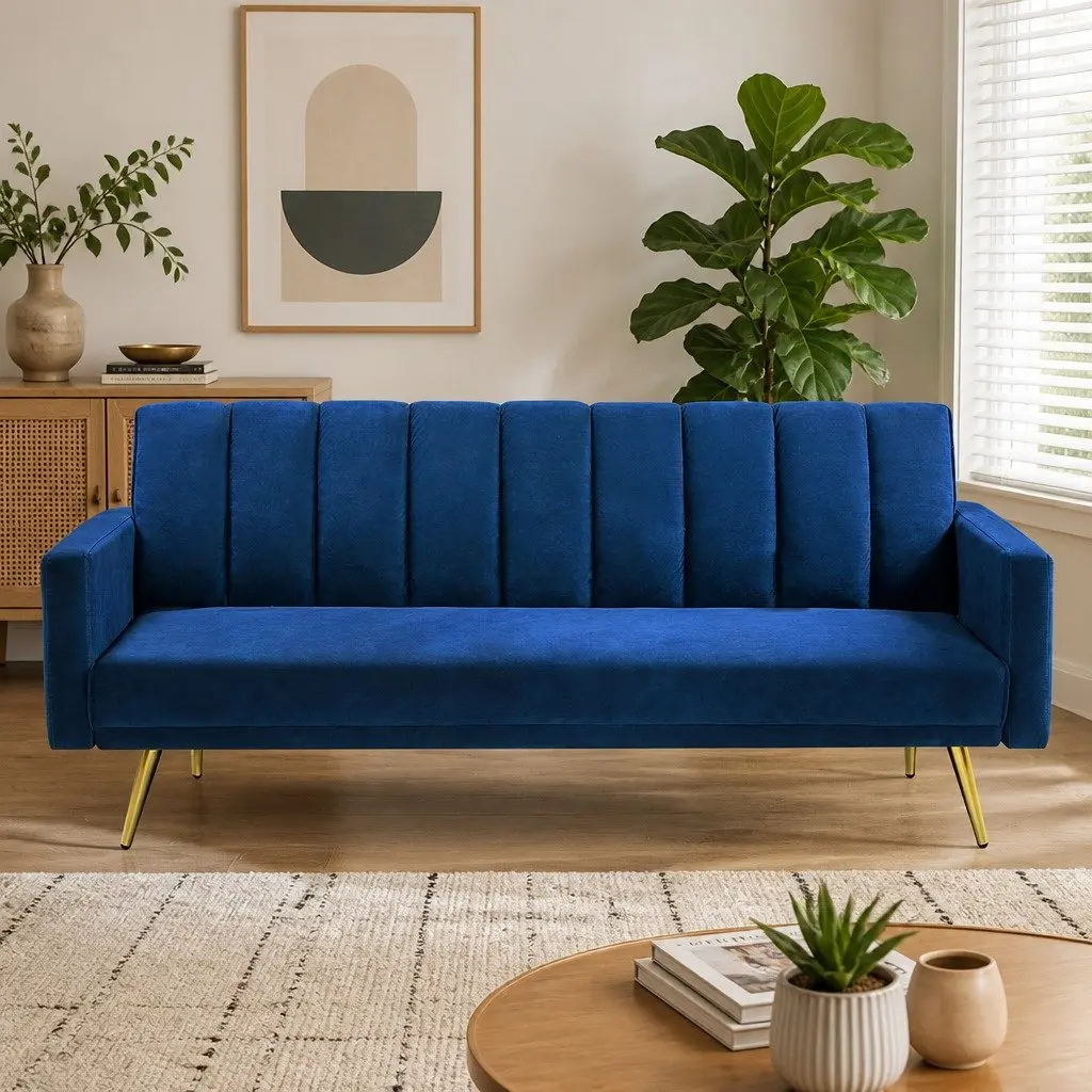 3 Seater Sofa Bed Velvet Blue Lounge Recliner Convertible Fold Out Sleeper