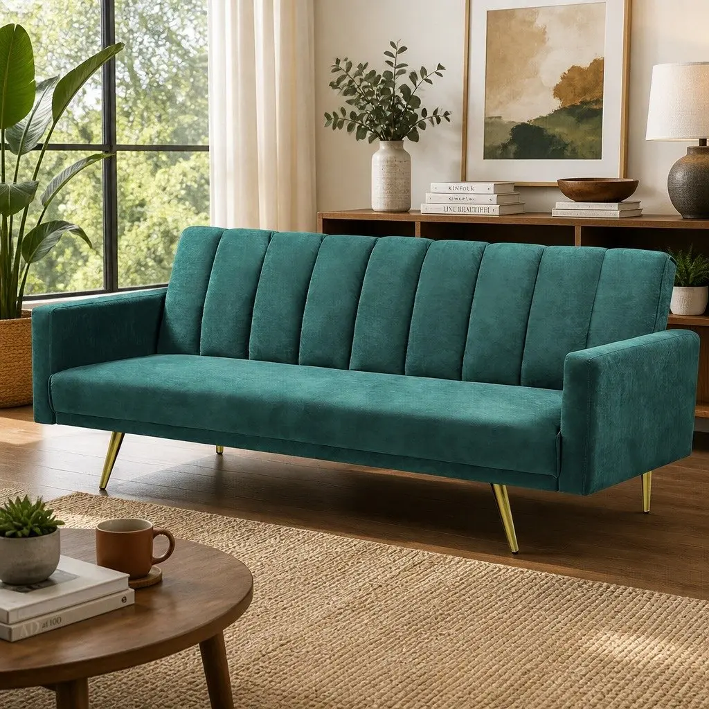 3 Seater Sofa Bed Velvet Polyester Green