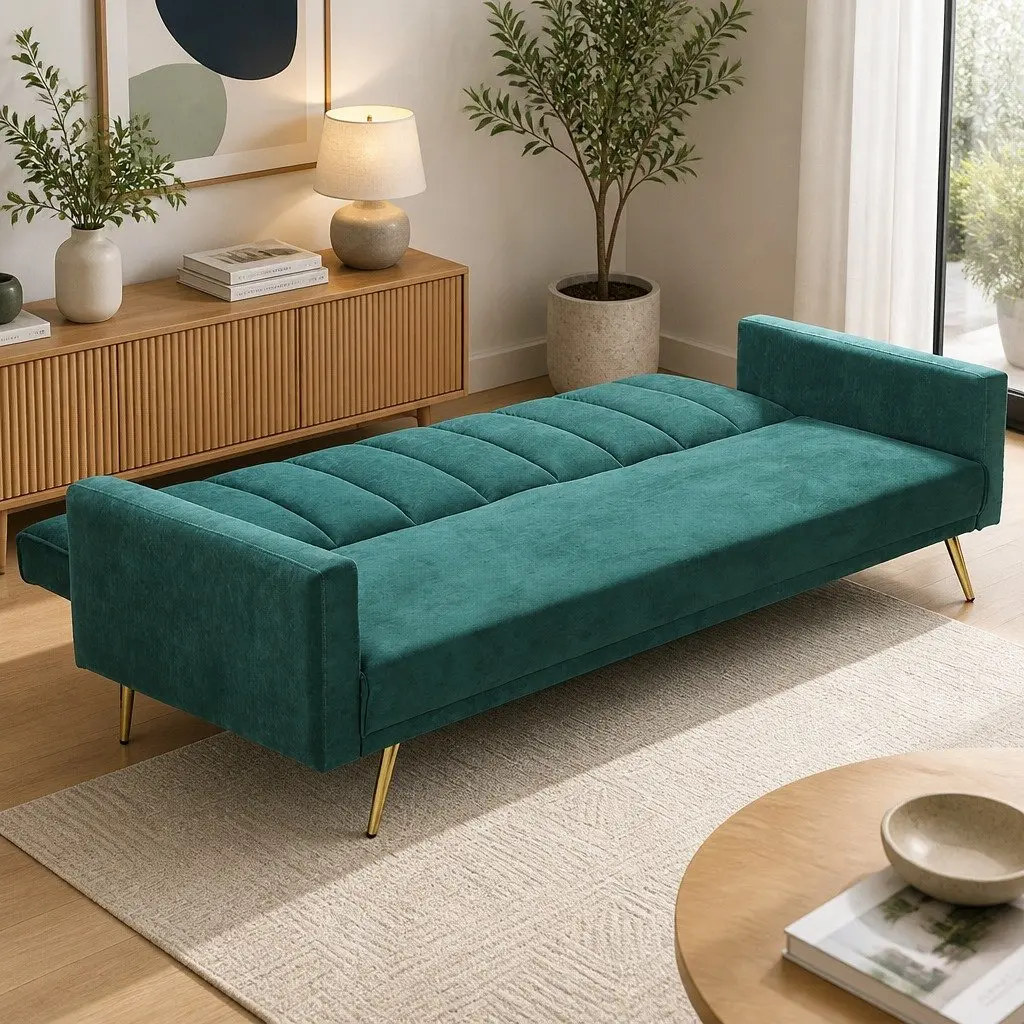 3 Seater Sofa Bed Velvet Polyester Green
