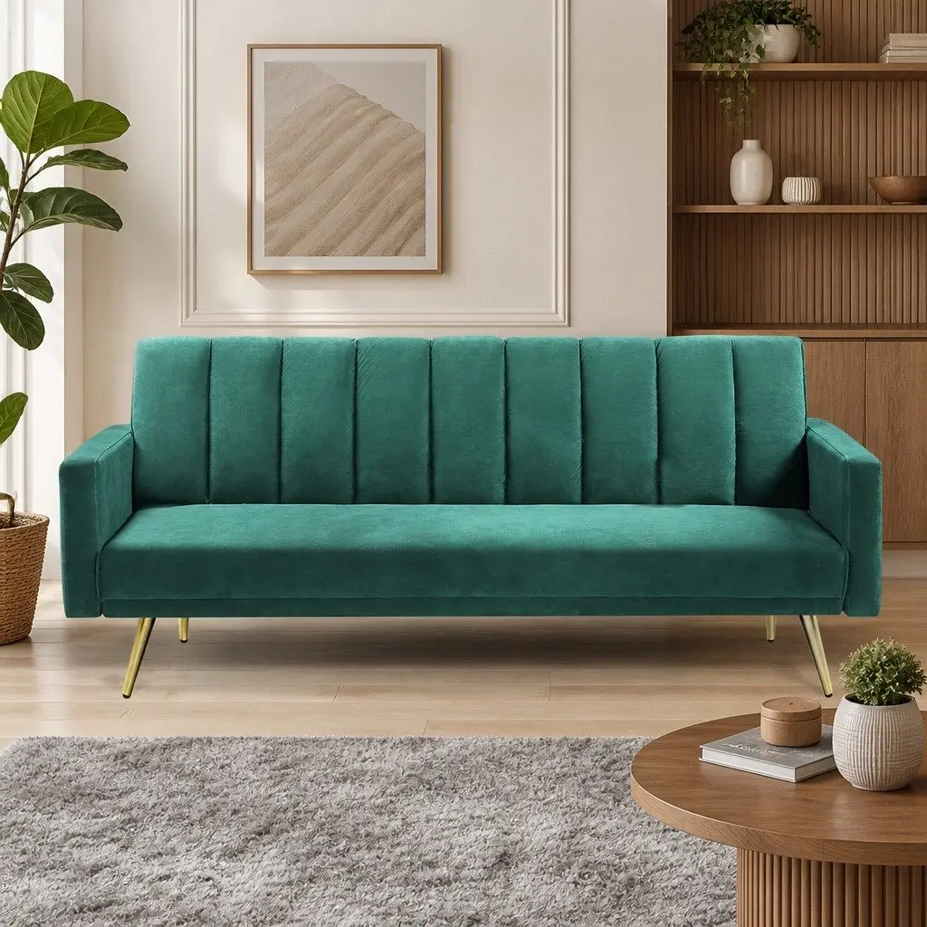 3 Seater Sofa Bed Velvet Polyester Green
