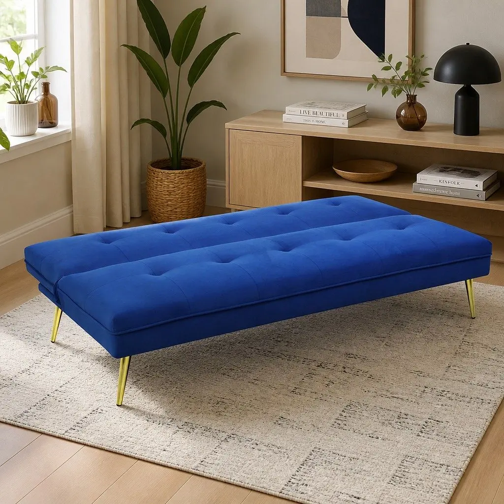 Deep Blue Velvet 3-Seater Sofa Bed with Adjustable Backrest