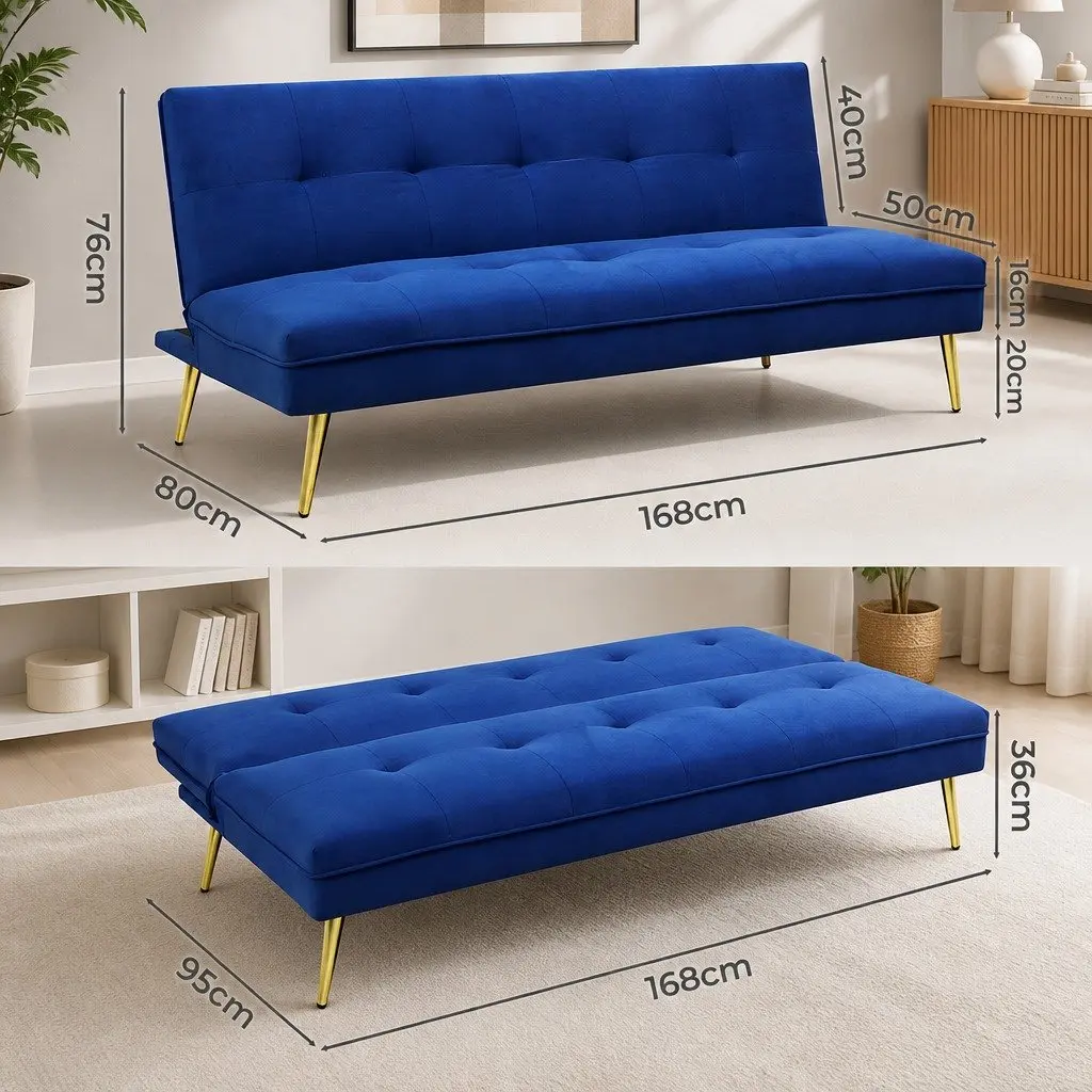 Deep Blue Velvet 3-Seater Sofa Bed with Adjustable Backrest