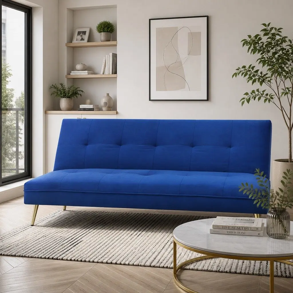 Deep Blue Velvet 3-Seater Sofa Bed with Adjustable Backrest