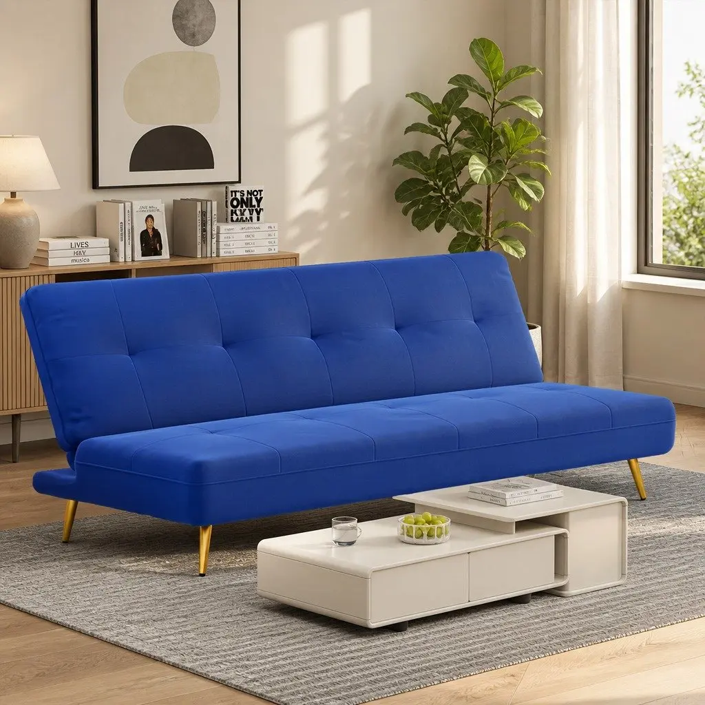 Deep Blue Velvet 3-Seater Sofa Bed with Adjustable Backrest