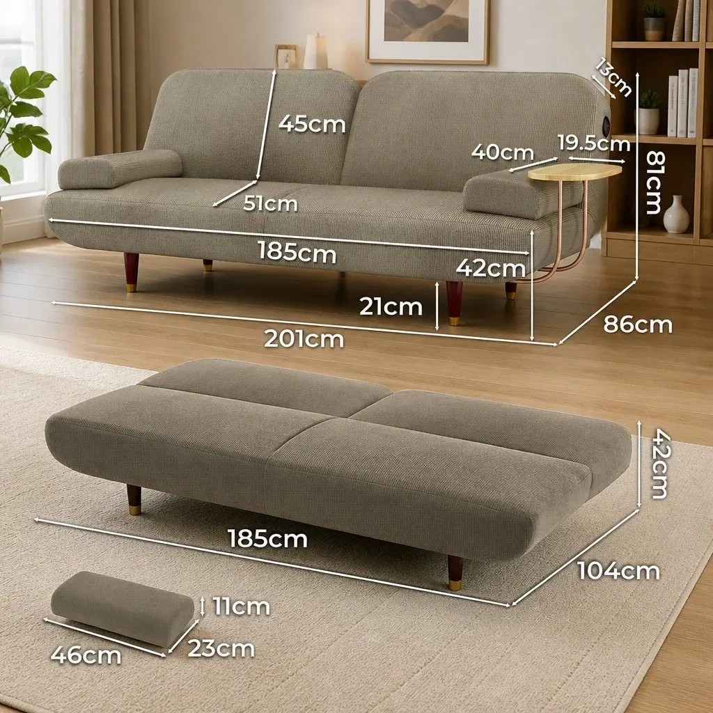 Adjustable Backrest Sofa Bed with USB Ports and Side Table