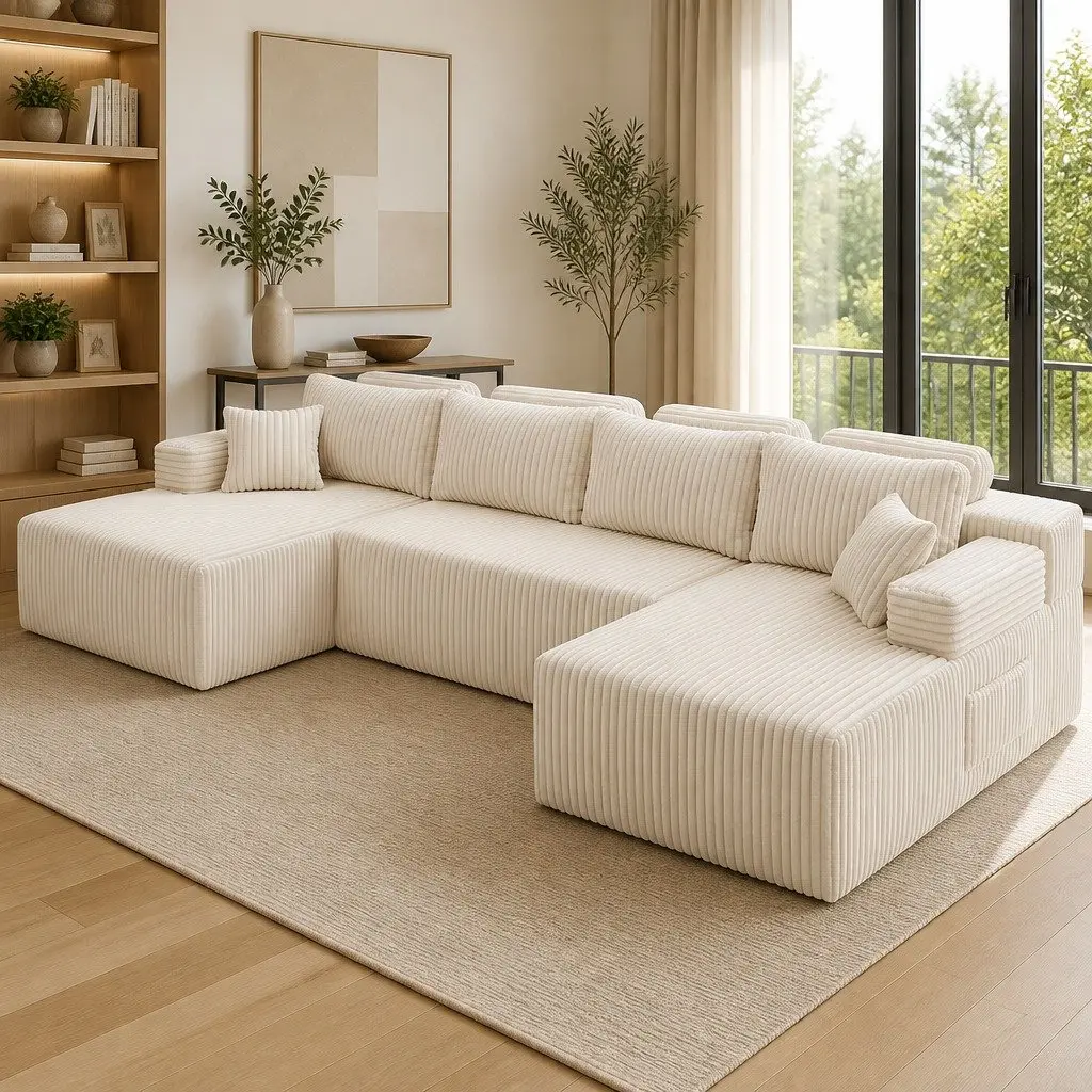 U-Shaped Modular Sofa with Beige Corduroy
