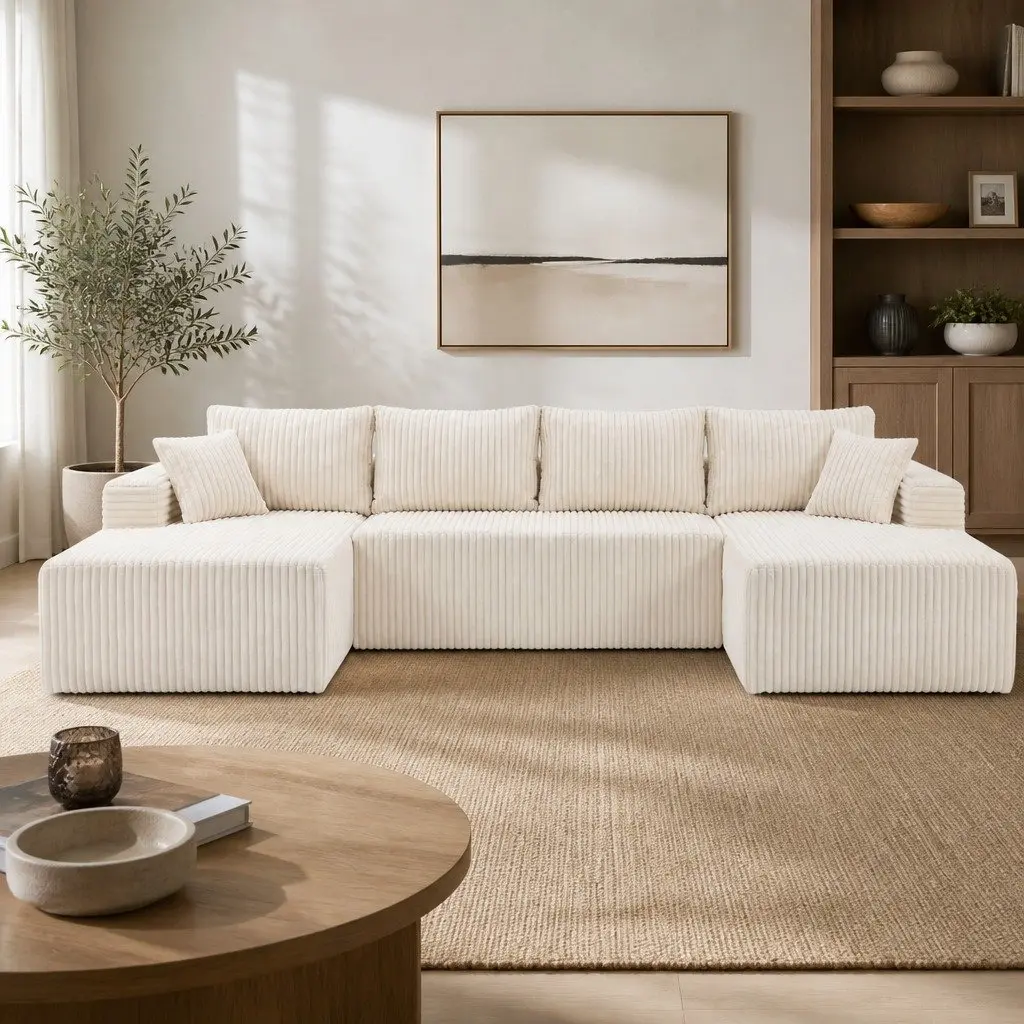 U-Shaped Modular Sofa with Beige Corduroy