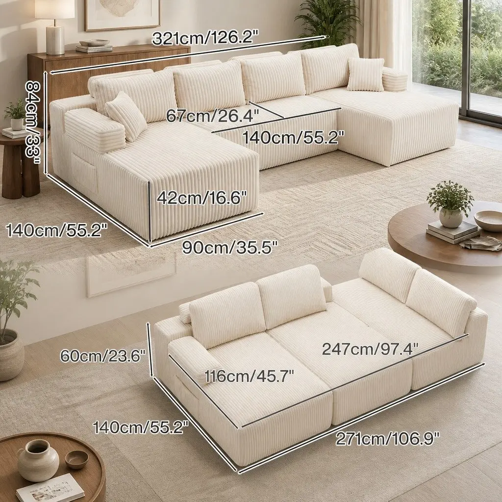 U-Shaped Modular Sofa with Beige Corduroy