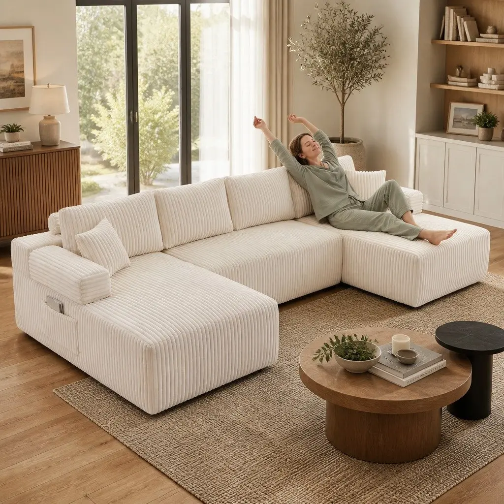 U-Shaped Modular Sofa with Beige Corduroy