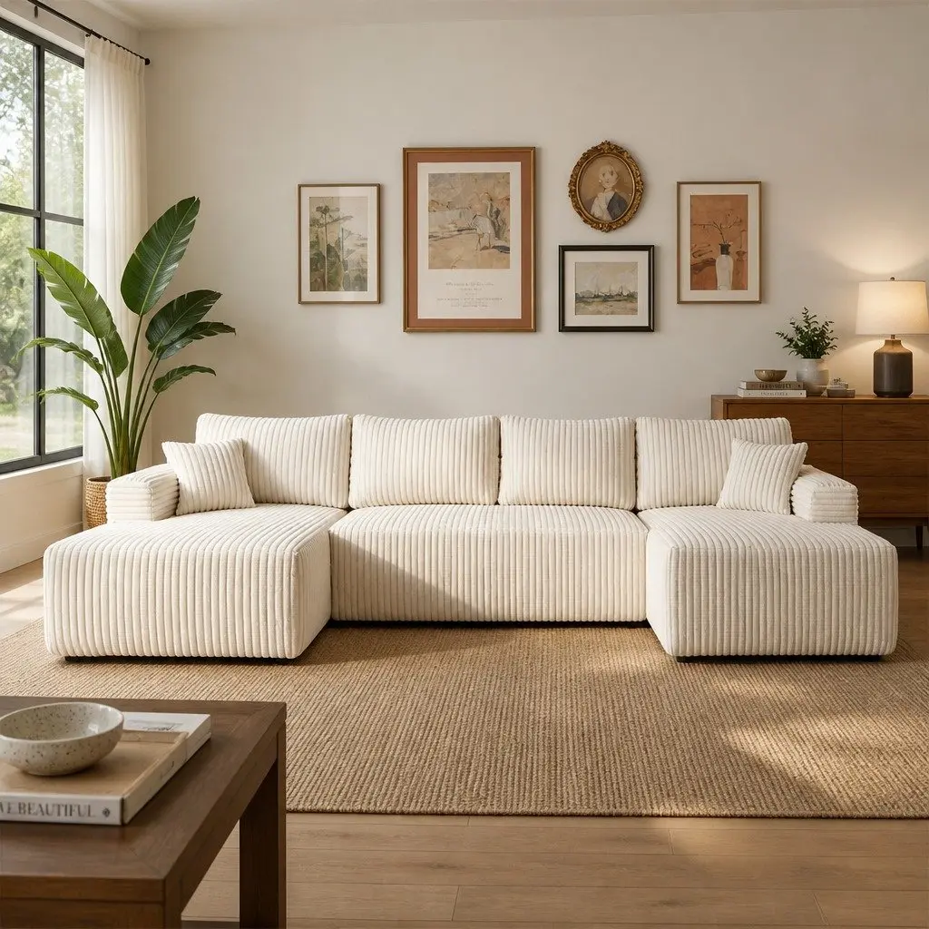 U-Shaped Modular Sofa with Beige Corduroy
