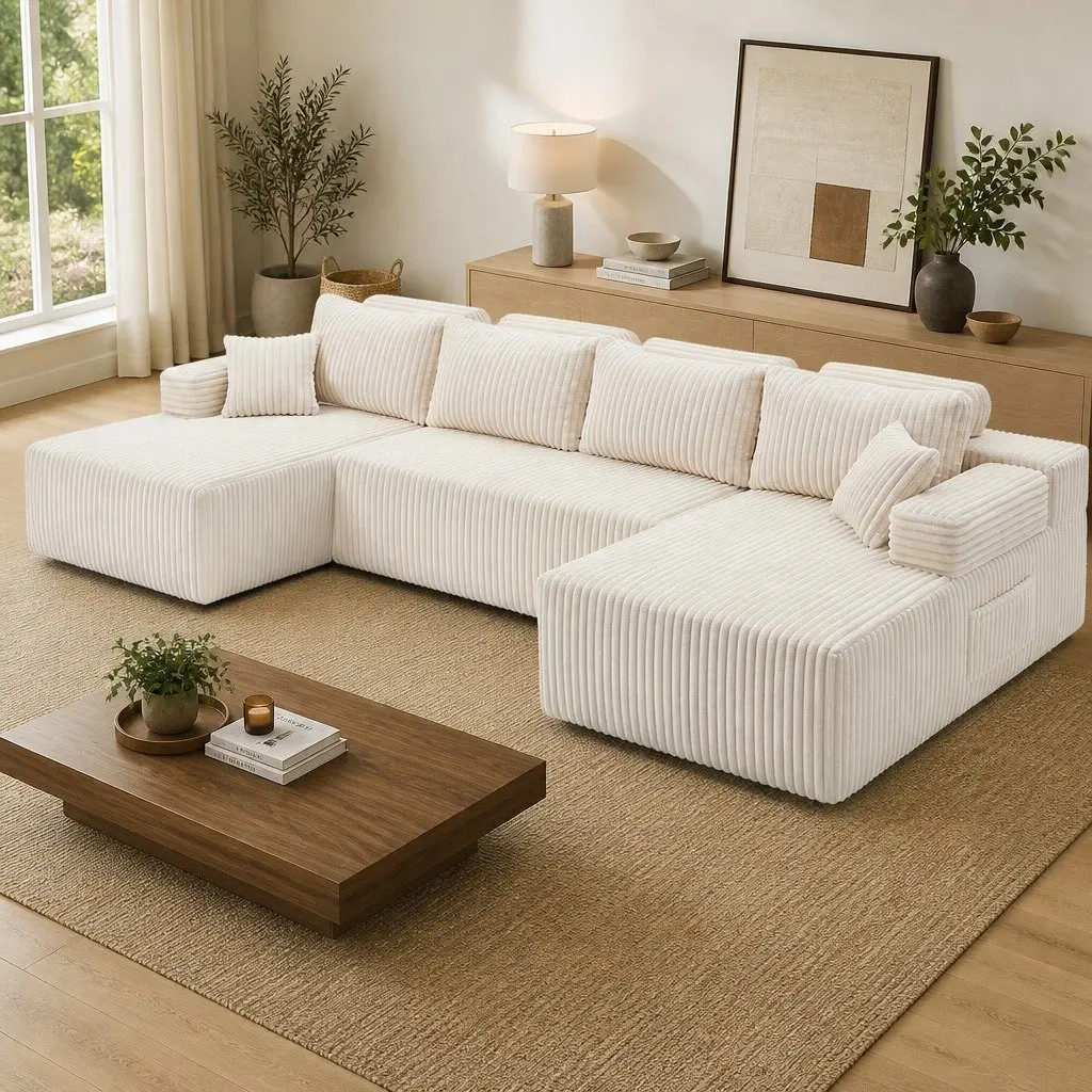 U-Shaped Modular Sofa with Beige Corduroy