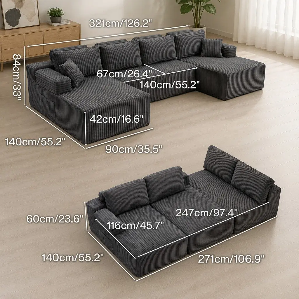 U-Shaped Modular Sectional Sofa in Grey