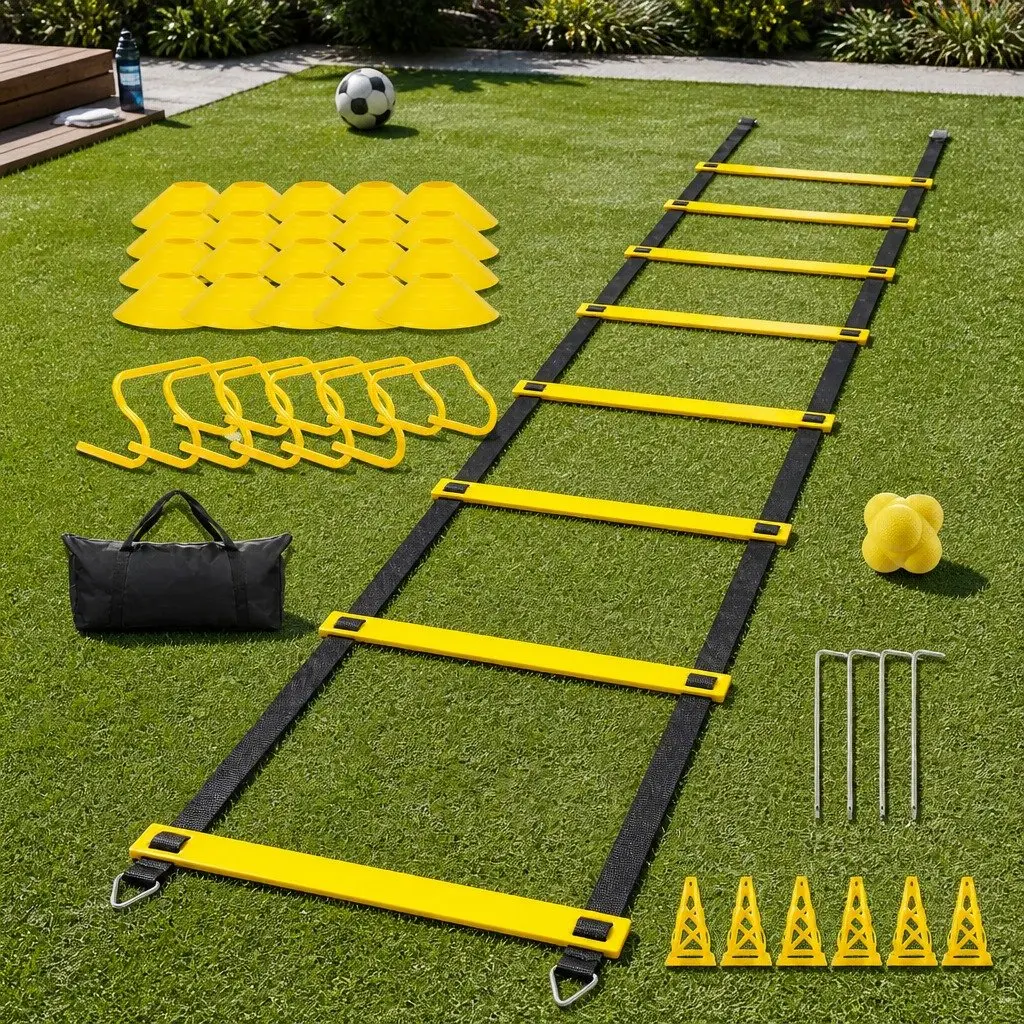 39PieceAgilityTrainingKitYellowAdjustableLadderDetachableHurdlesTrafficConesAgilityConesReactionBall