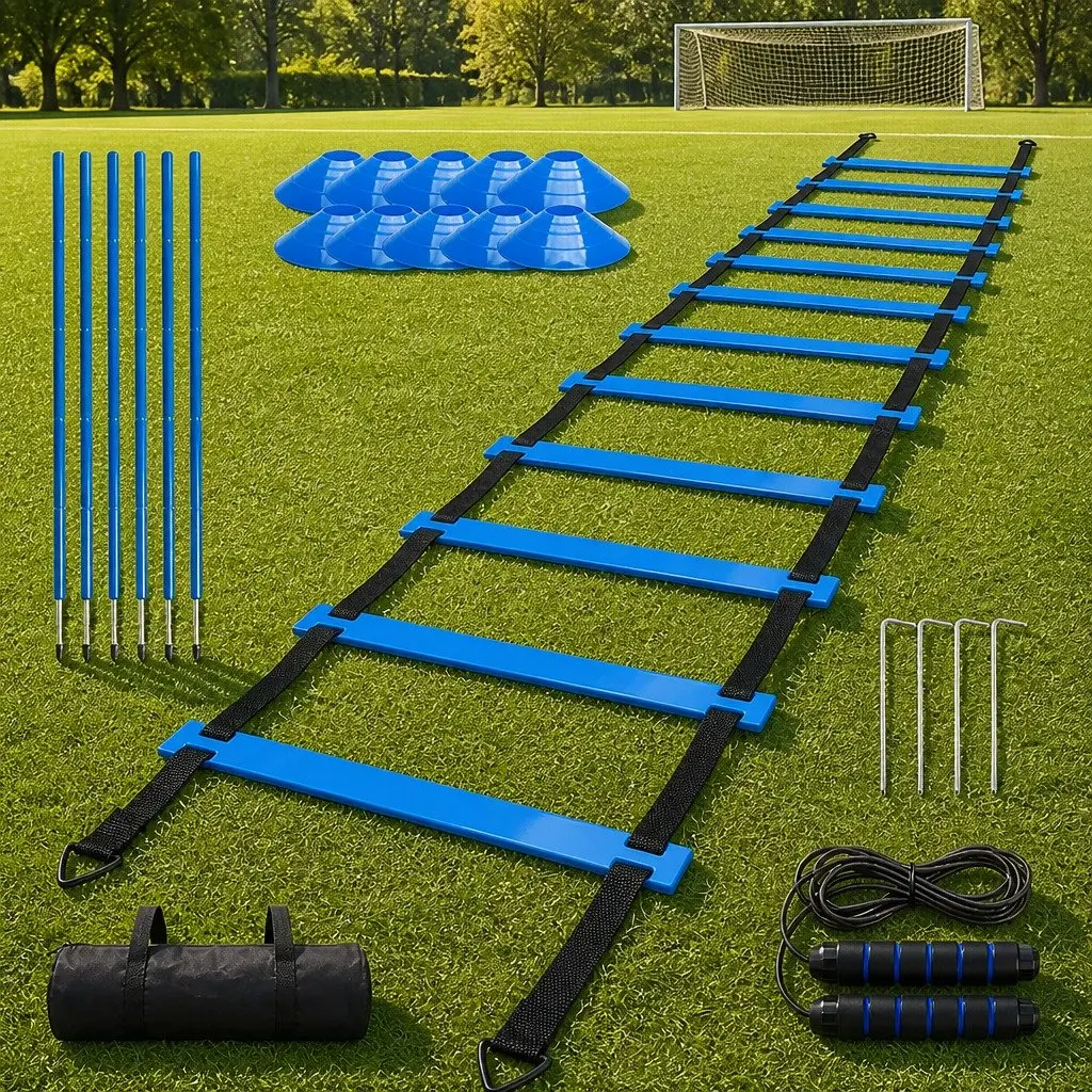 Agility Training Set PVC 6m Ladder 6 Poles 10 Cones 2.8m Jump Rope Blue and Black